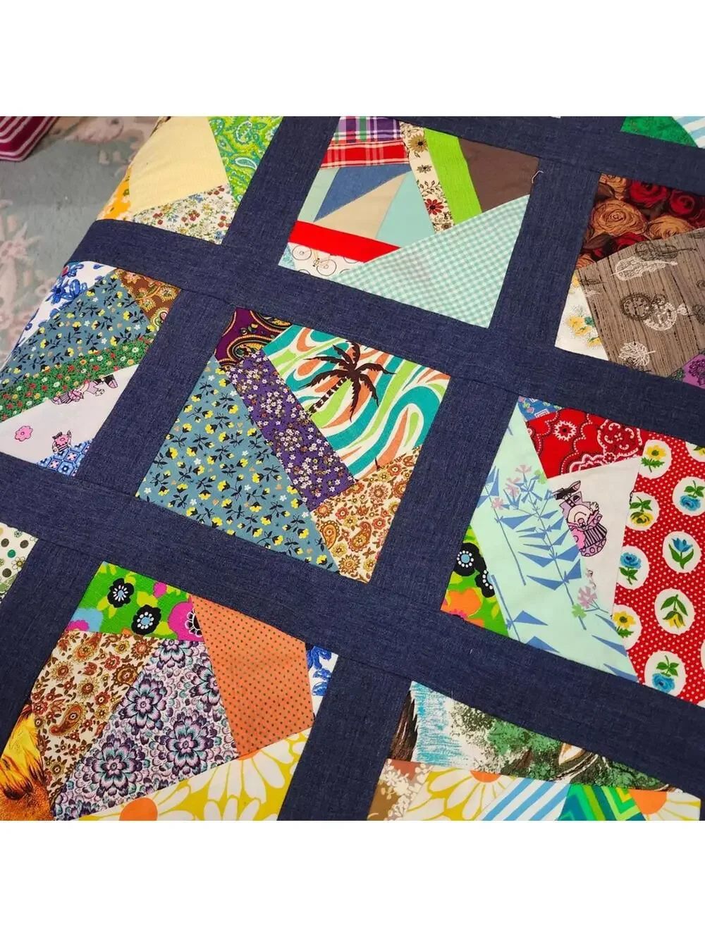 Colorful Handmade Patchwork Quilt Top PROJECT Finish Denim Borders 86x78 inches